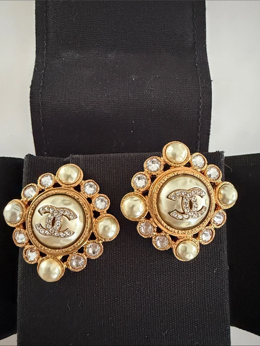 CHANEL 24K Gold Plated Pearl & Crystal CC Earrings